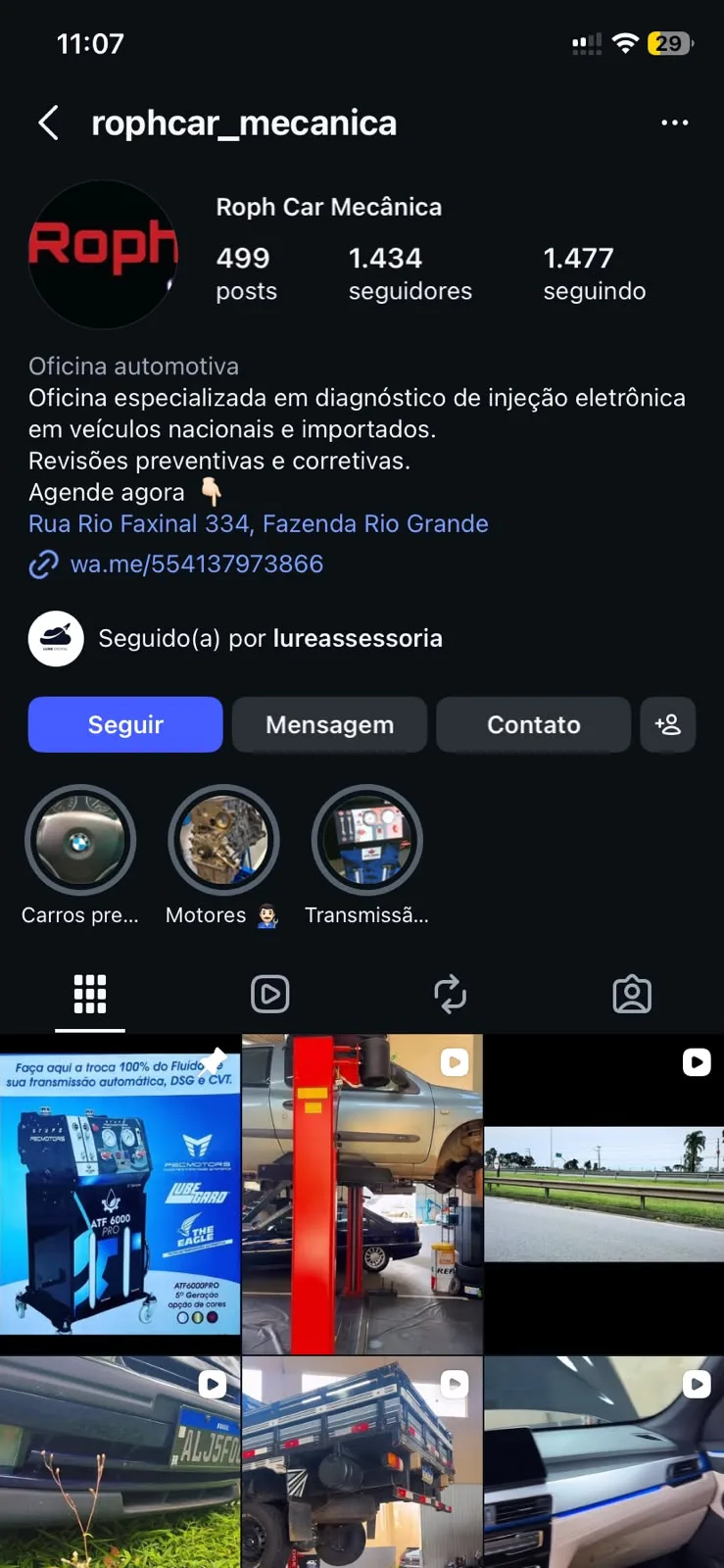 Perfil @rophcar_mecanica no Instagram, com a bio e as últimas publicações da Roph Car Mecânica